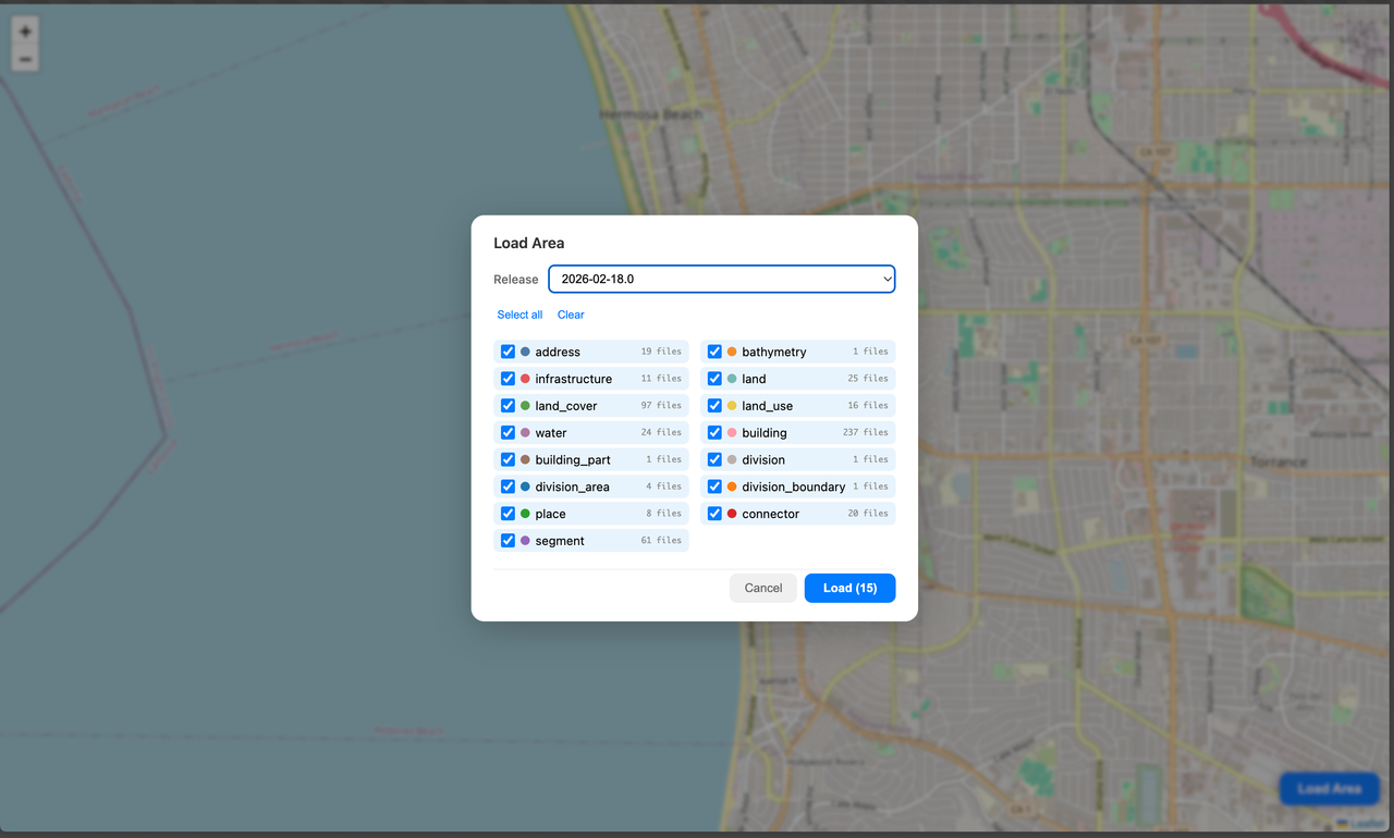 Load Area dialog with release selector and theme checklist