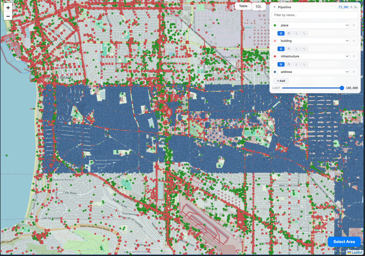 Dense 4-theme view: 73K rows across place, building, infrastructure, address