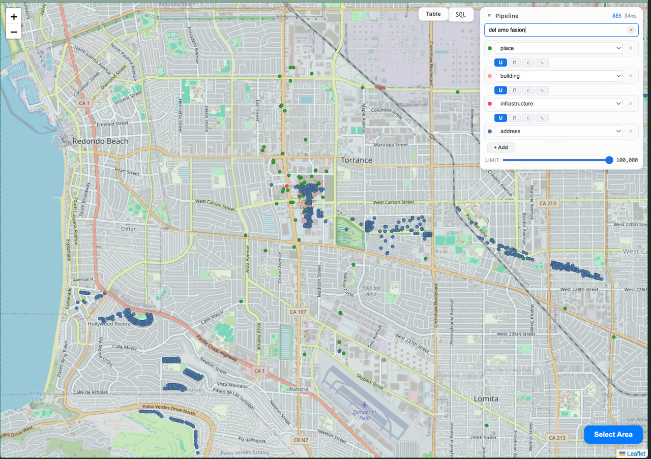 Map filtered by 'del amo fasion' search
