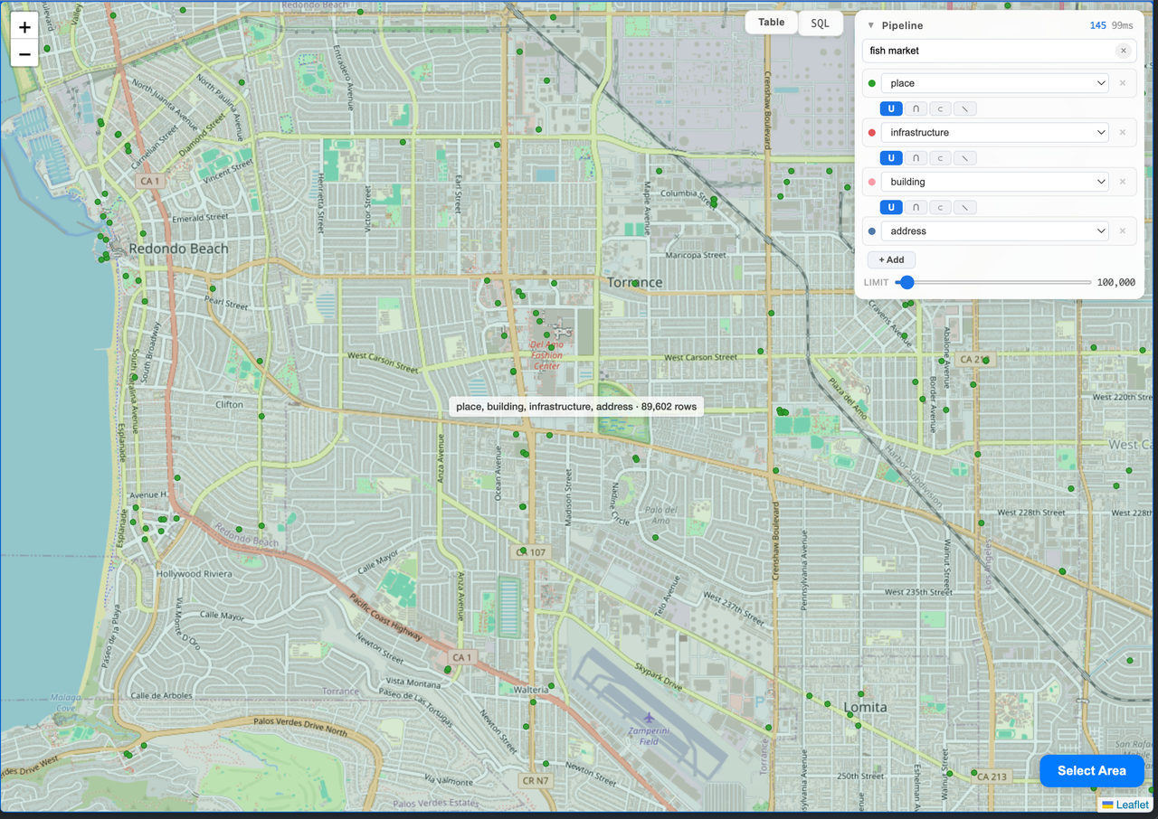 Map showing 'fish market' search results across four themes