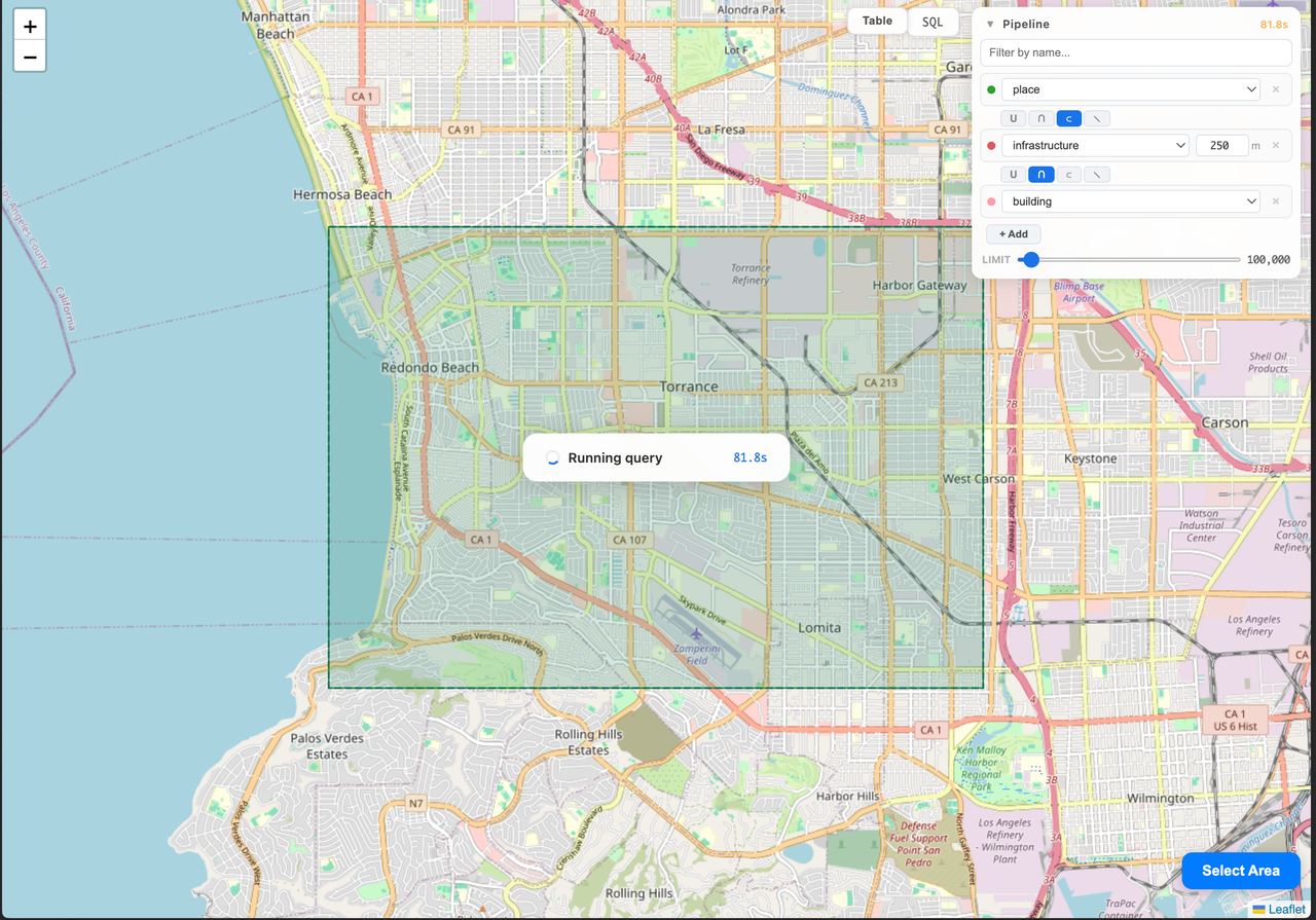 Large area selection with "Running query 61.8s" overlay