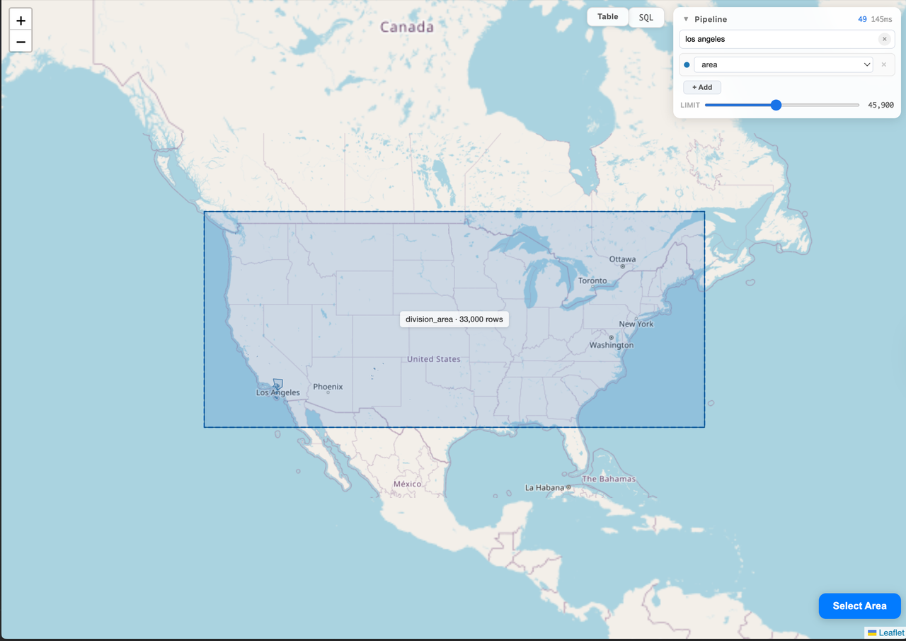 FTS search for 'los angeles' showing 49 results in 345ms