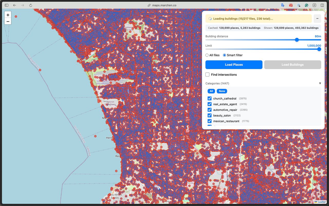 Browser-based SQL engine caching 128K places and 493K building footprints from GeoParquet