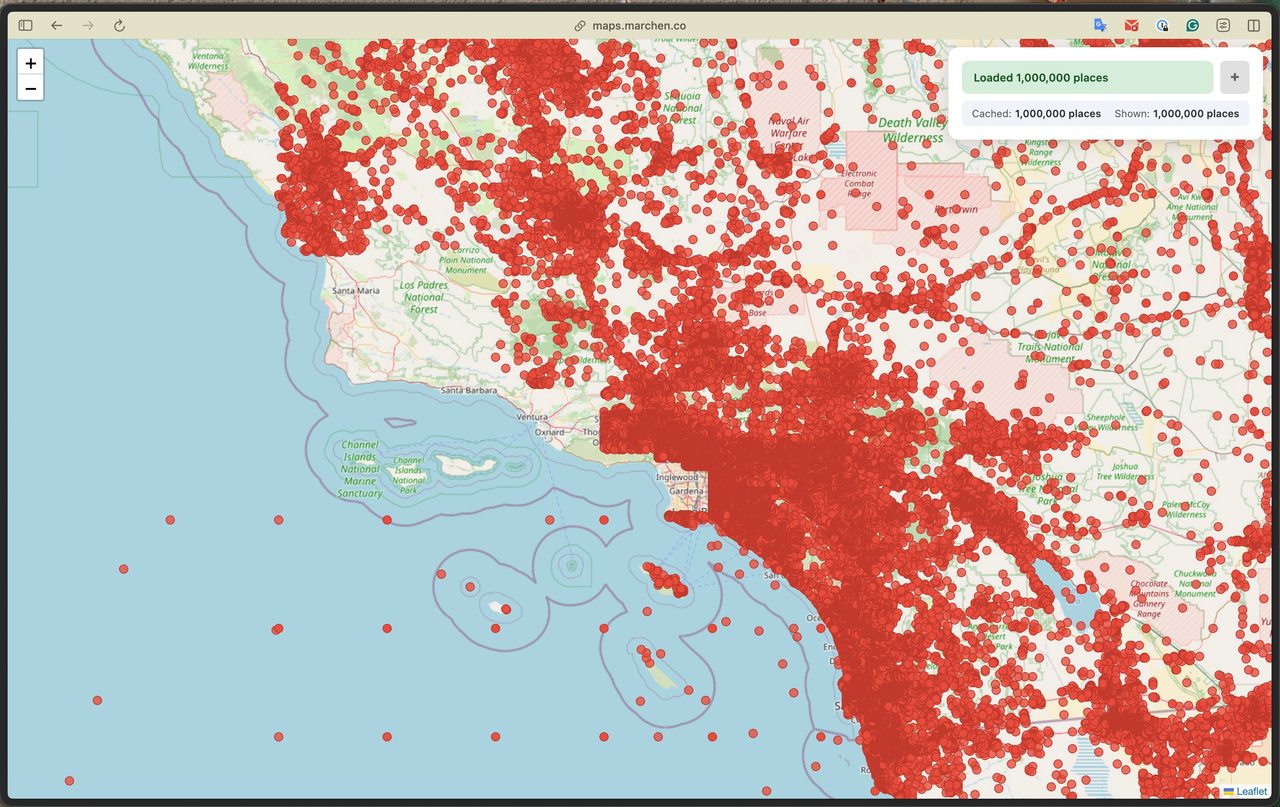 DuckDB WASM querying 1 million Overture Maps places across Southern California in browser