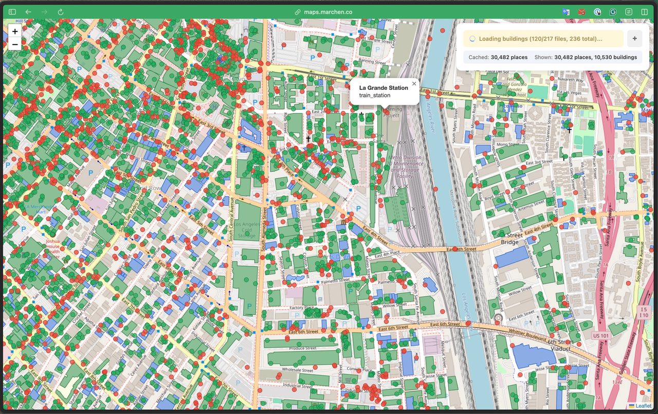 Overture Maps building footprints with POI popups queried via DuckDB in browser