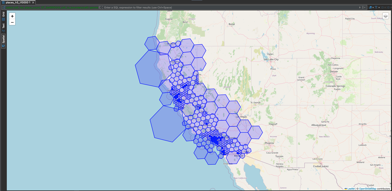 Adaptive H3 frontier along California with threshold=10,000