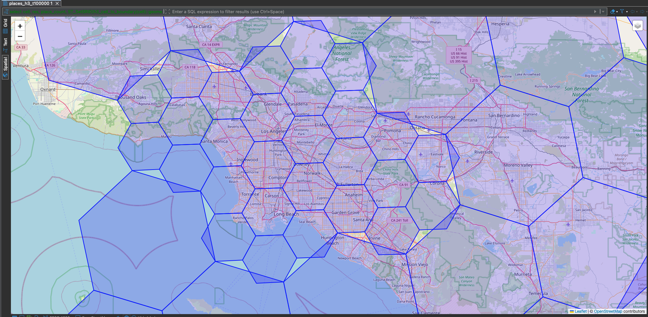 Zoomed view of Los Angeles metro showing coarse cells at threshold=100,000