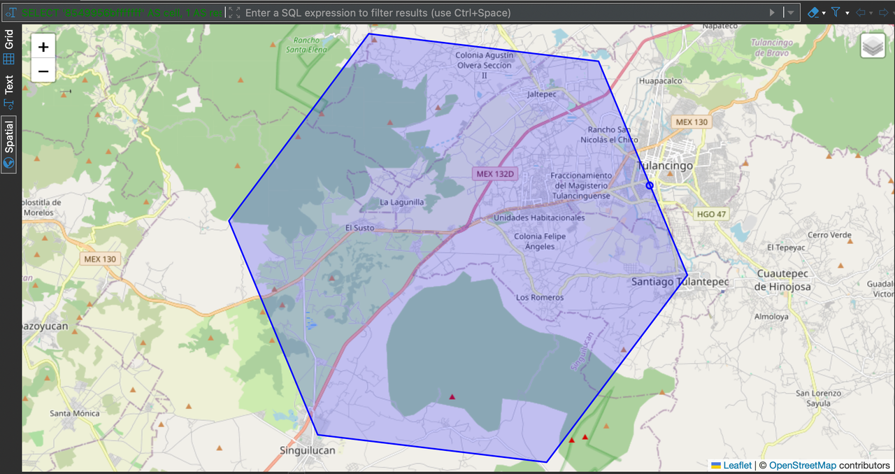 Boundary mismatch: a place point outside the H3 cell boundary polygon but correctly assigned by the index. H3's geographic containment is approximate; the logical index is exact.